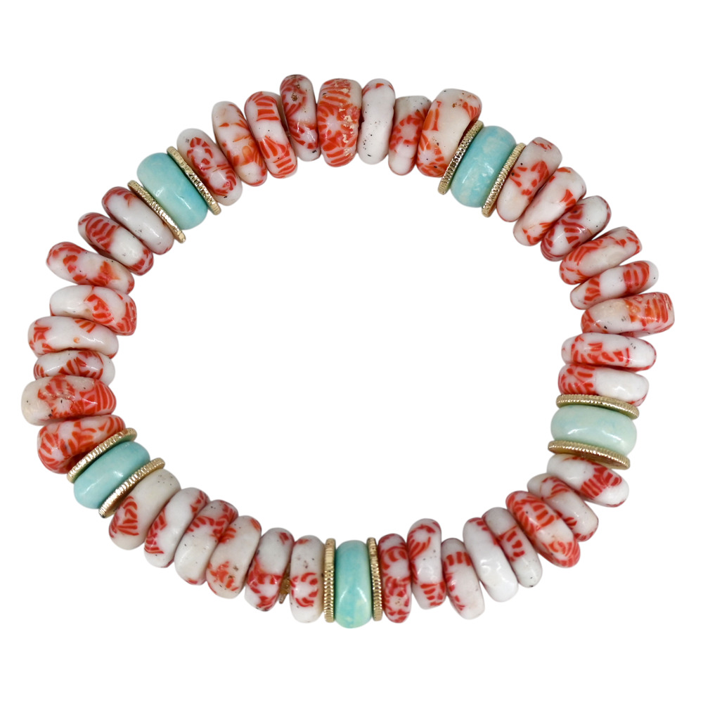 Akola Egypt Glass Bone Beaded Stretch Bracelet Red White Light Blue - Picture 6 of 6
